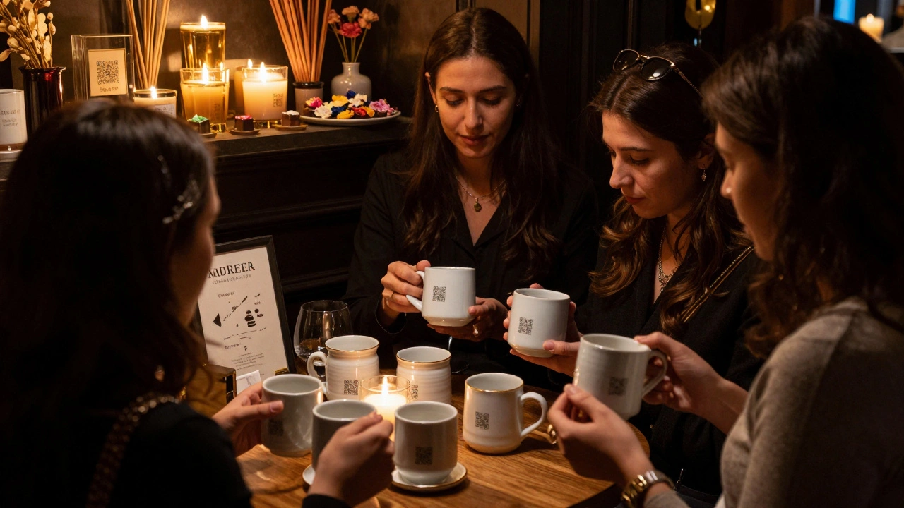 Guests examining handcrafted ceramic mugs and artisanal candles under warm lighting at a quiet nighttime market.