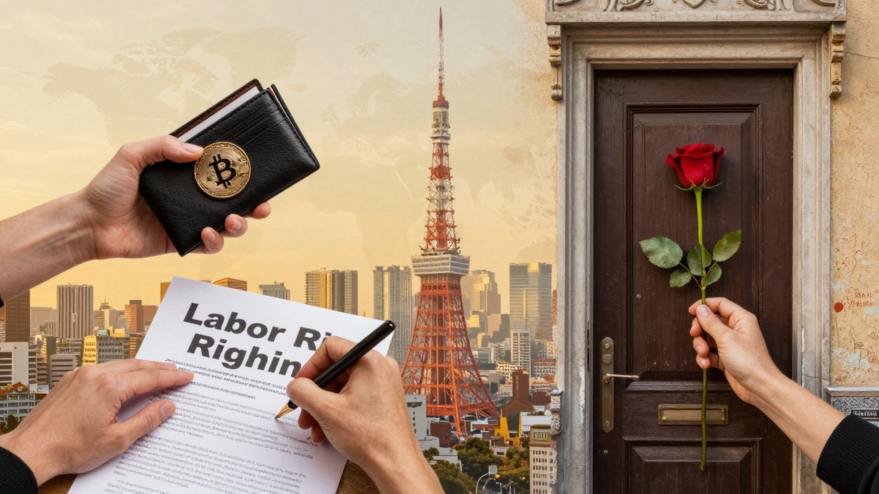 Hands holding crypto, a petition, and a rose—symbolizing digital work, advocacy, and shifting cultural attitudes toward adult services.