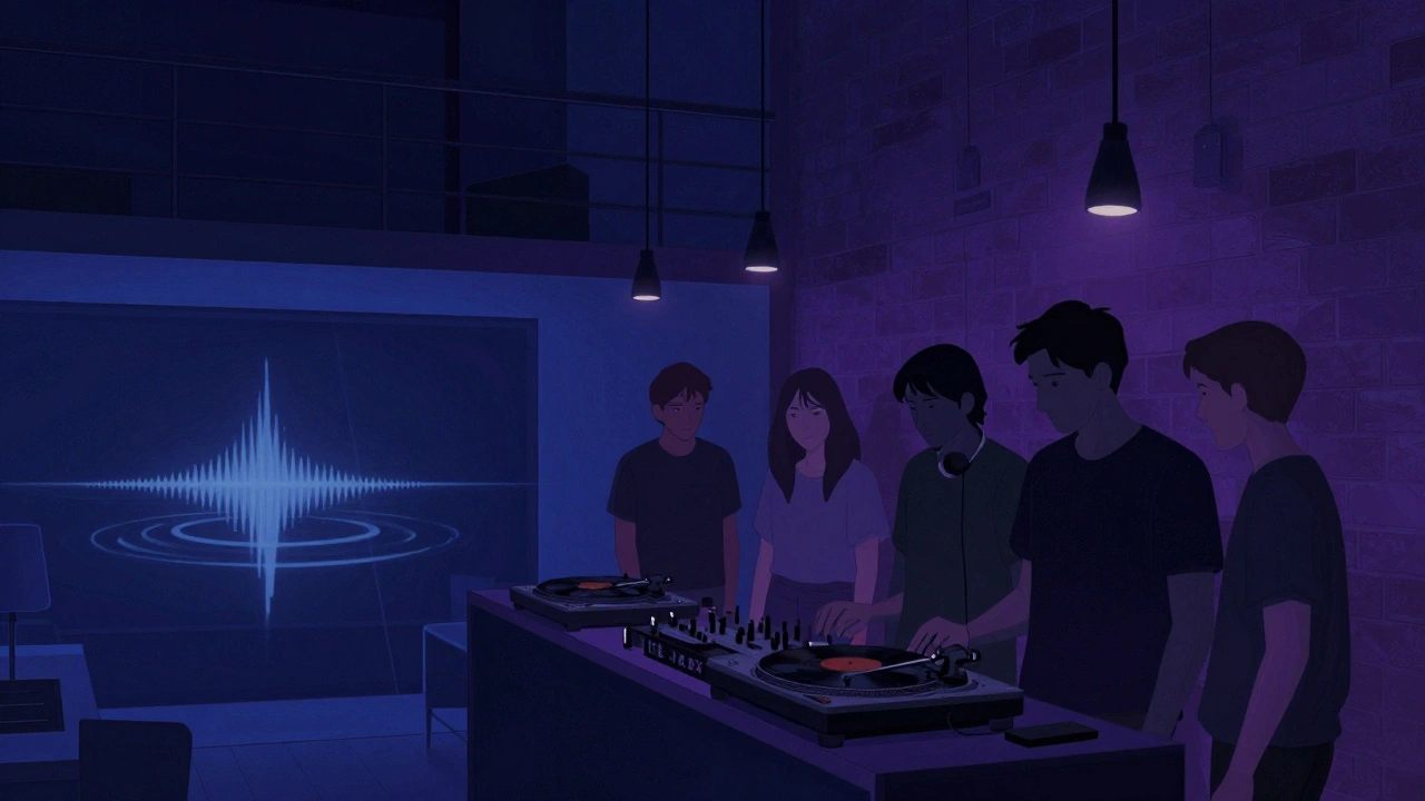 Intimate scene in 'The Box' room with DJ spinning vinyl, deep blue lighting, and focused listeners.