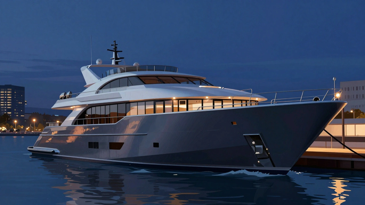 Modern yacht exterior reflecting city lights at dusk