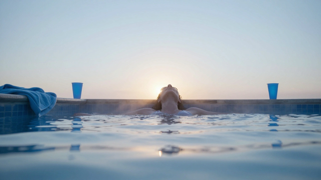 One person floating peacefully in a pool at sunrise, towels and cups nearby.