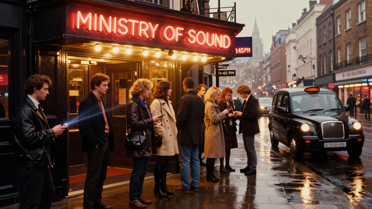 People lining up outside Ministry of Sound at night, bouncers checking IDs, neon sign glowing above.
