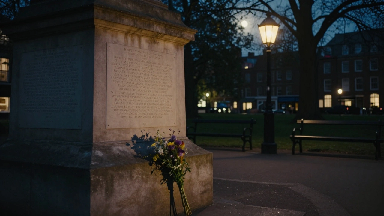 Postman’s Park memorial glowing softly at night, with flowers placed against the plaque under quiet lamplight.