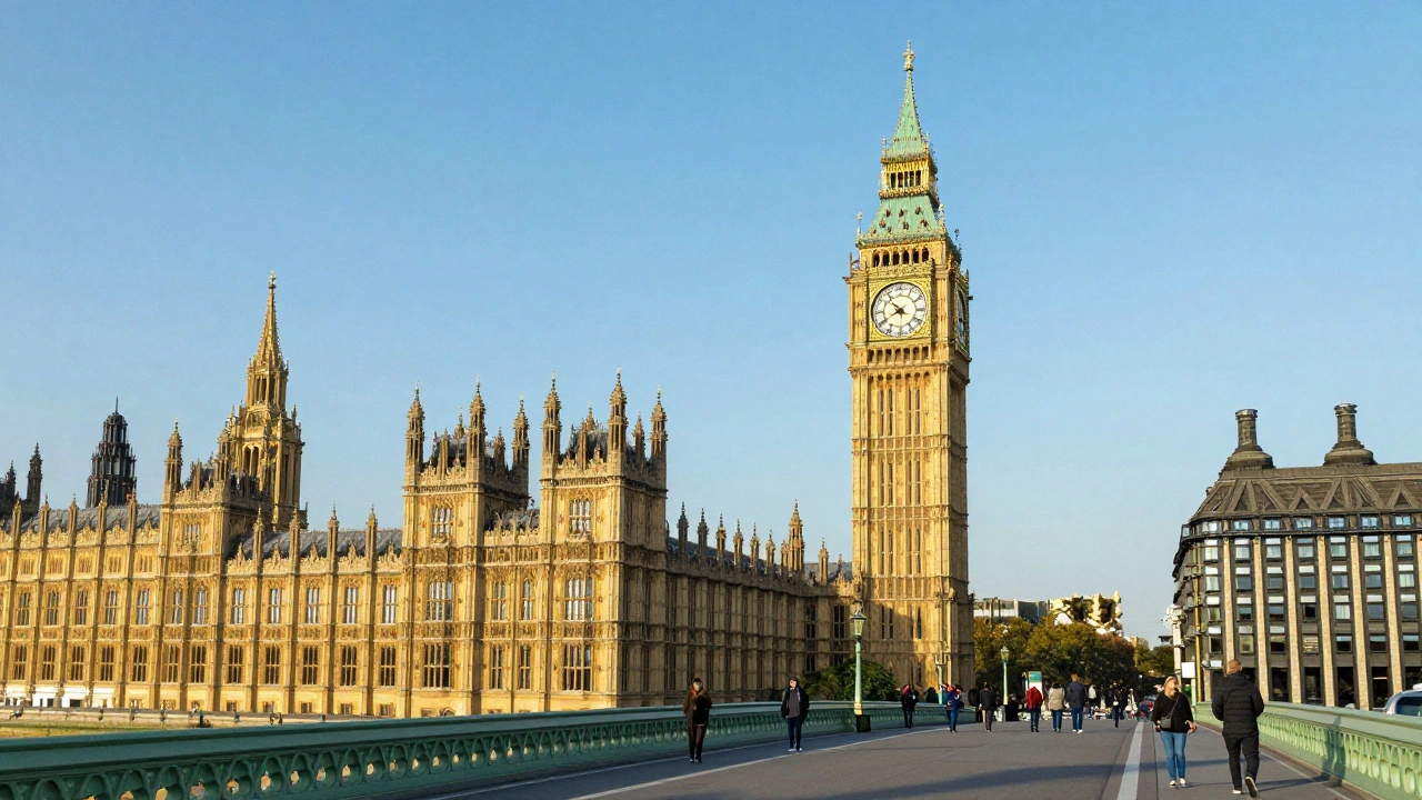 Restored Elizabeth Tower shining over River Thames in daylight.