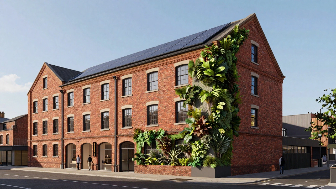 Restored Victorian brick building with green roof and solar panels.