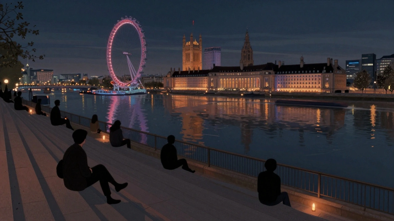 Silhouettes sitting on Southbank steps, reflecting London Eye and river lights on dark water at night.