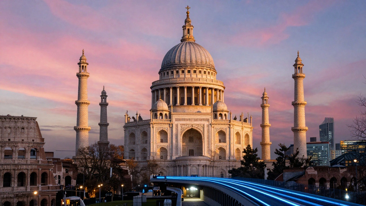 St. Paul’s Cathedral and Taj Mahal merged in light, set against London’s skyline at dusk.
