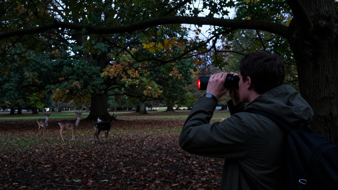 Stargazer using binoculars in a park with red safety light.