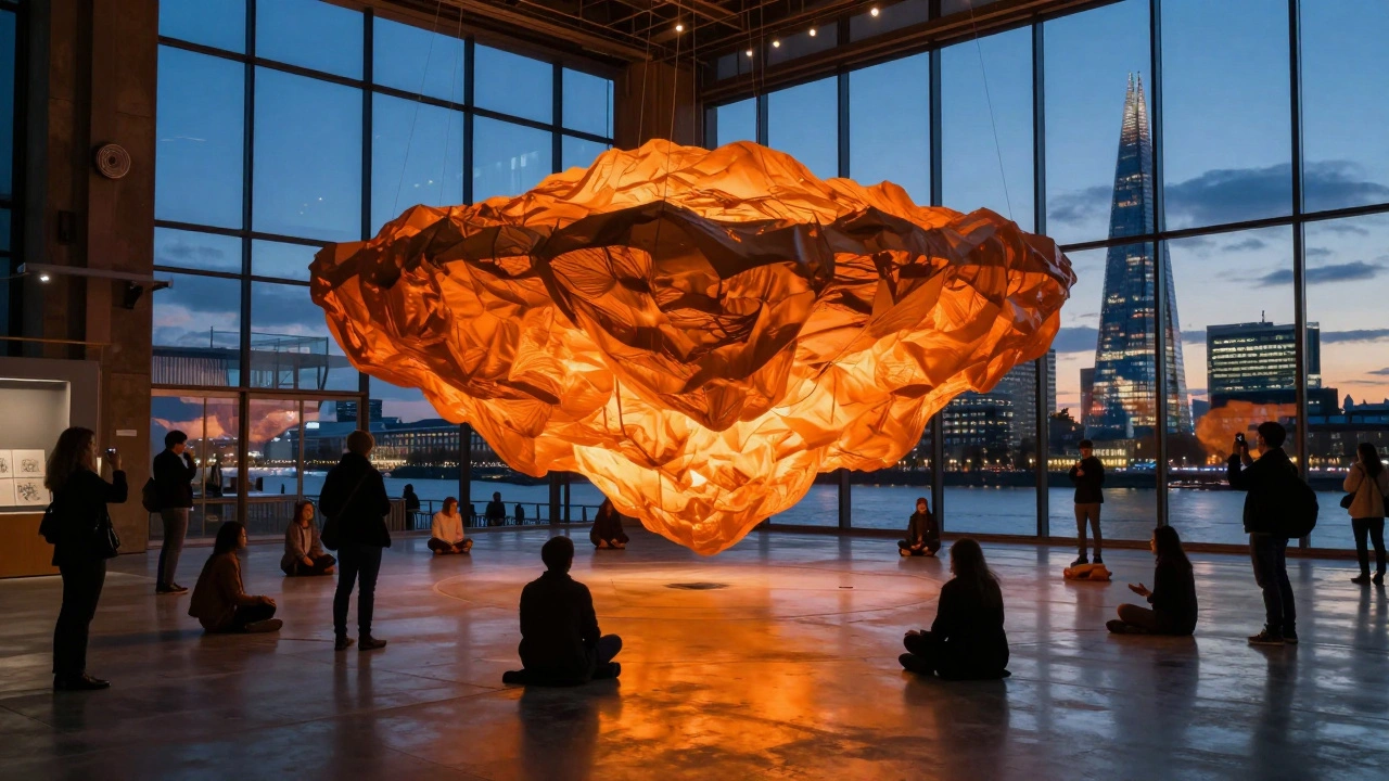 Tate Modern's Turbine Hall with a glowing orange sculpture and views of the Thames at twilight.