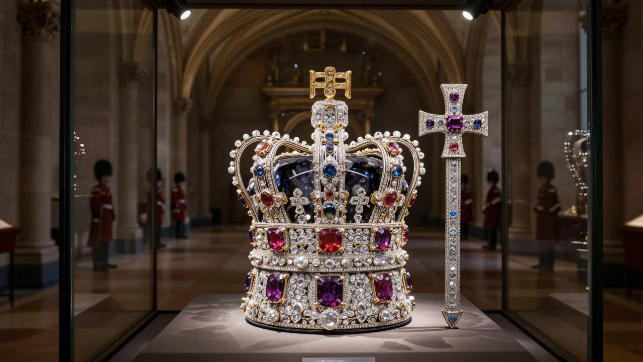 The Crown Jewels under spotlight in the Jewel House, diamonds and gemstones glimmering on ancient stone.