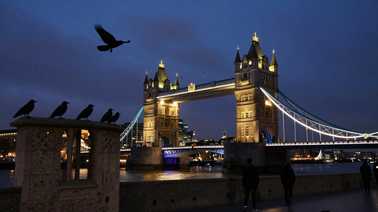 The Tower of London at night, floodlit and reflected in the moat, ravens on the battlements.