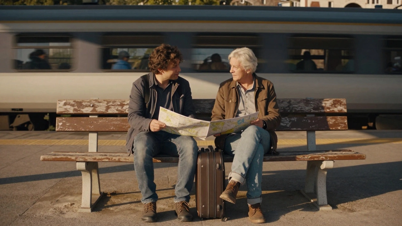 Two strangers sitting quietly in a Croatian train station, sharing a map and quiet companionship.