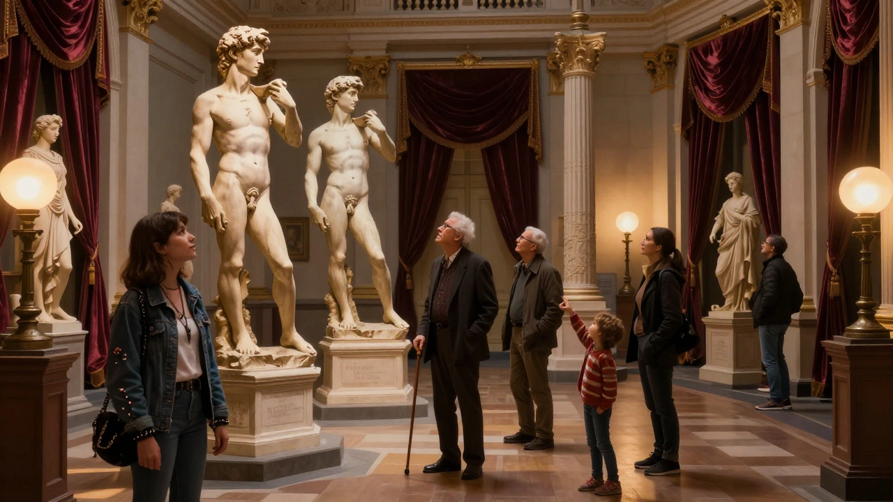 V&amp;A Museum's Cast Courts lit by evening lamps, visitors gazing at replicas of David and the Trajan Column.