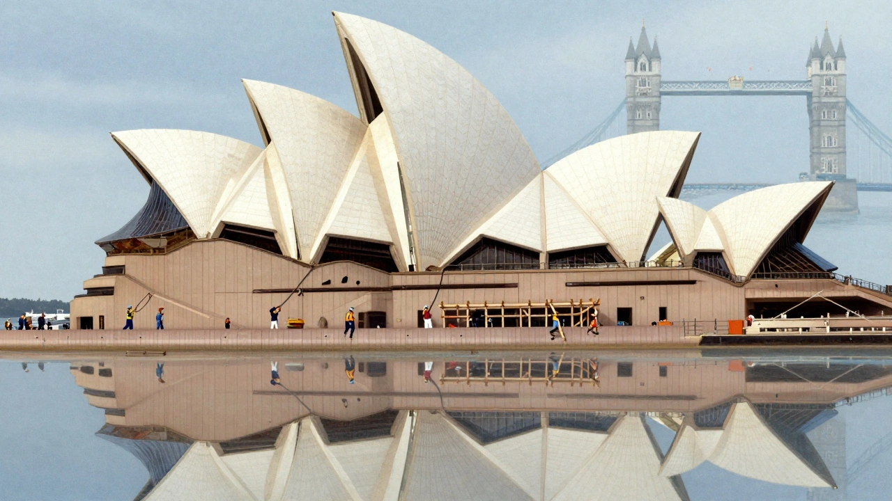 Workers lifting concrete shells for Sydney Opera House, with Tower Bridge reflected in water below.